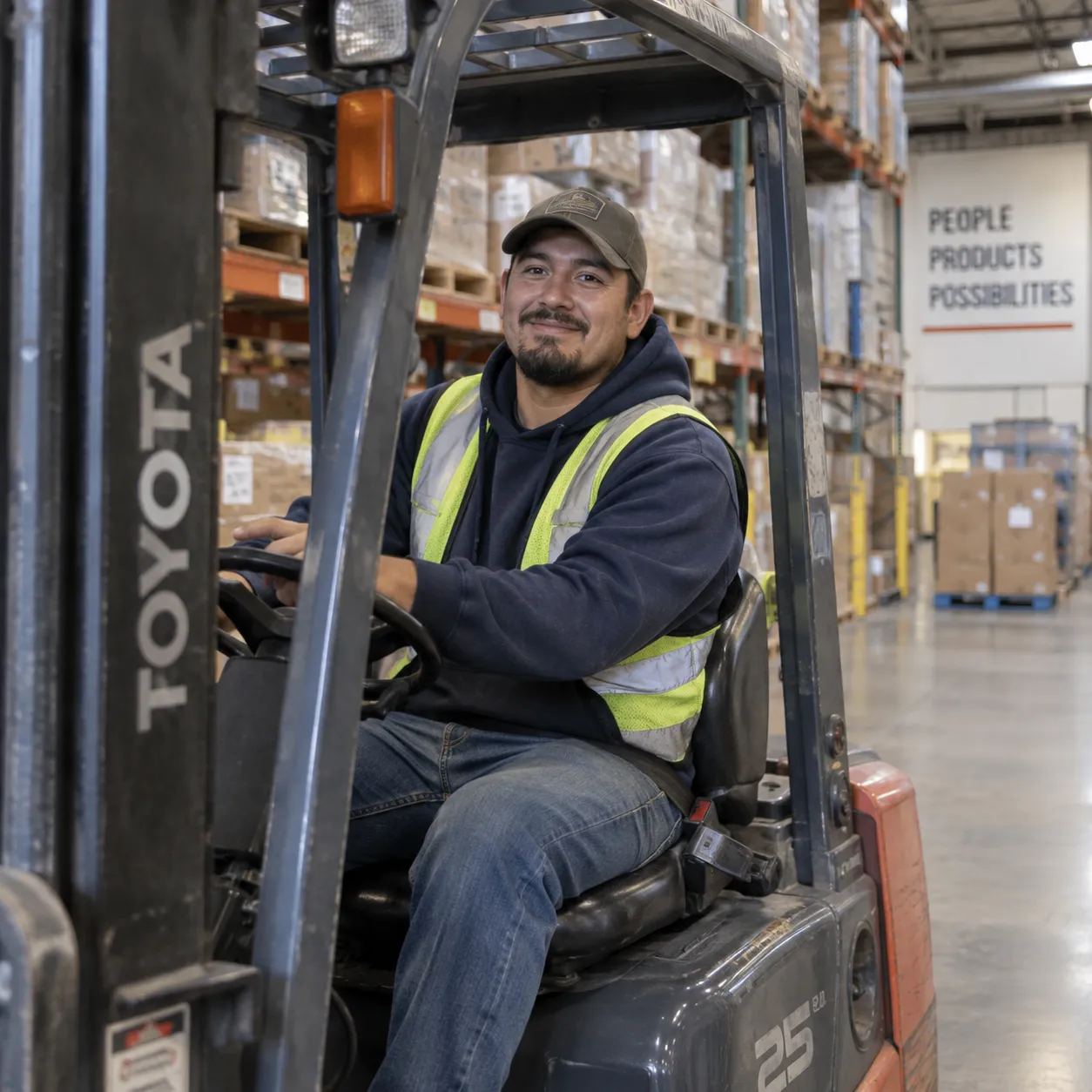 Cariste souriant aux commandes d'un chariot élévateur