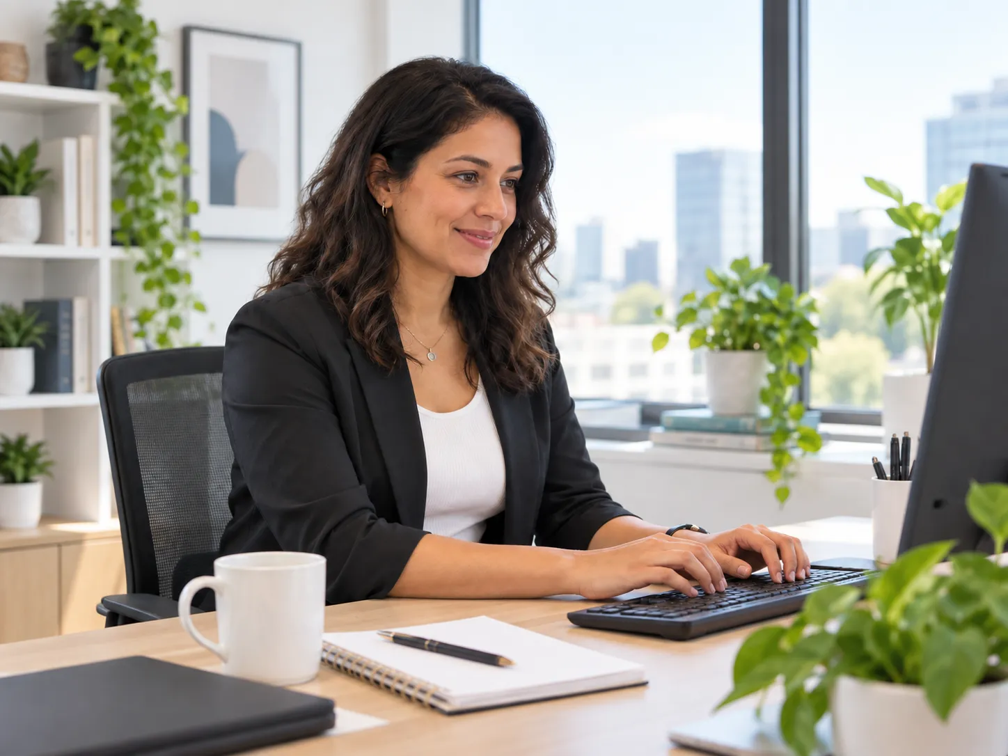 Professionnelle qui travaille à son ordinateur dans un bureau lumineux